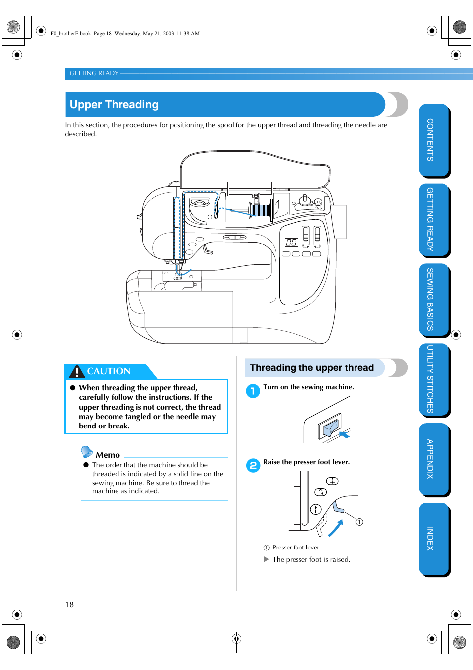 Upper threading, Threading the upper thread, Caution | Brother NX-200 User Manual | Page 24 / 111