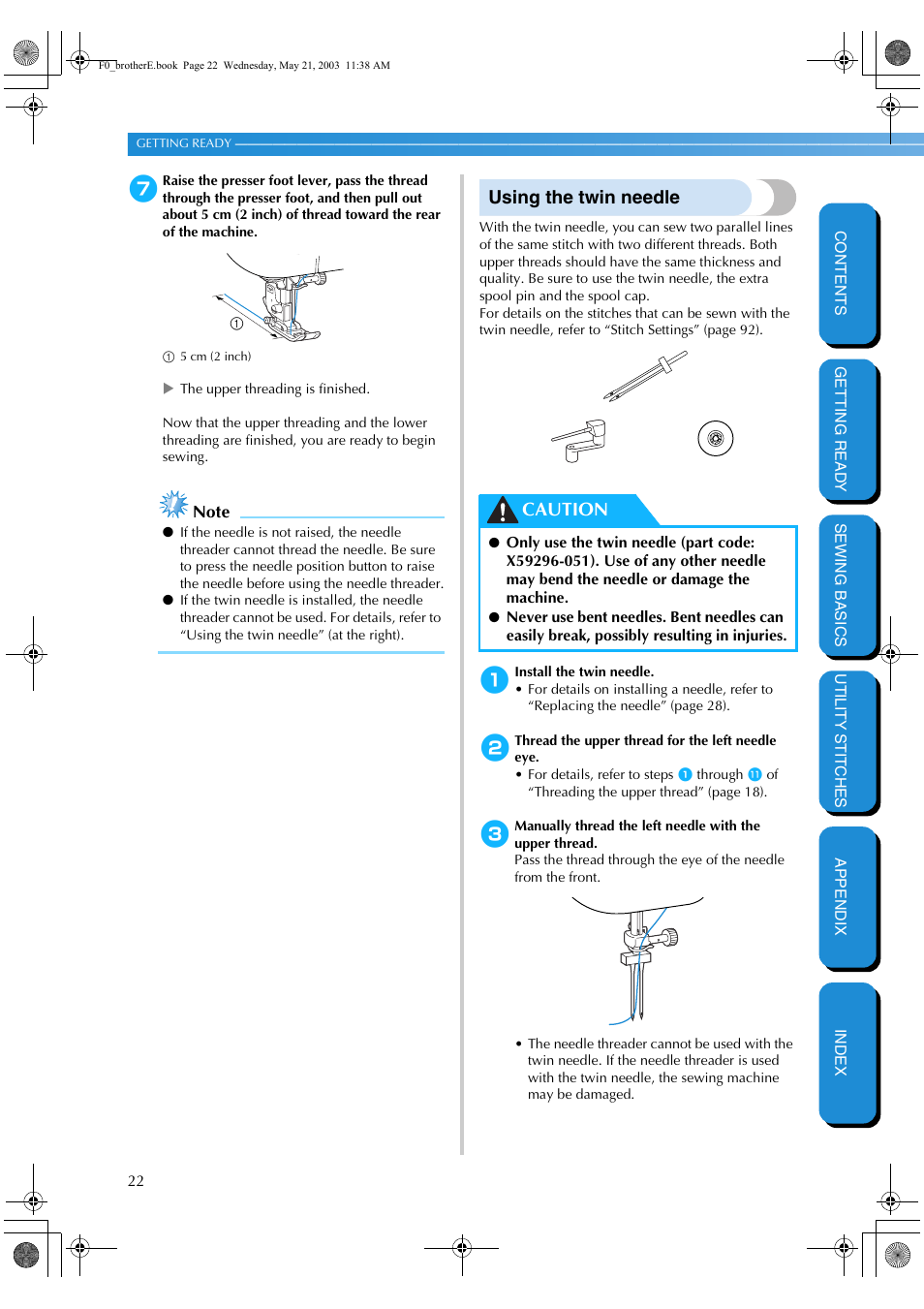 Using the twin needle, Caution | Brother NX-200 User Manual | Page 28 / 111