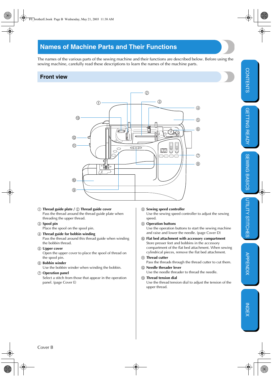 Names of machine parts and their functions, Front view | Brother NX-200 User Manual | Page 3 / 111