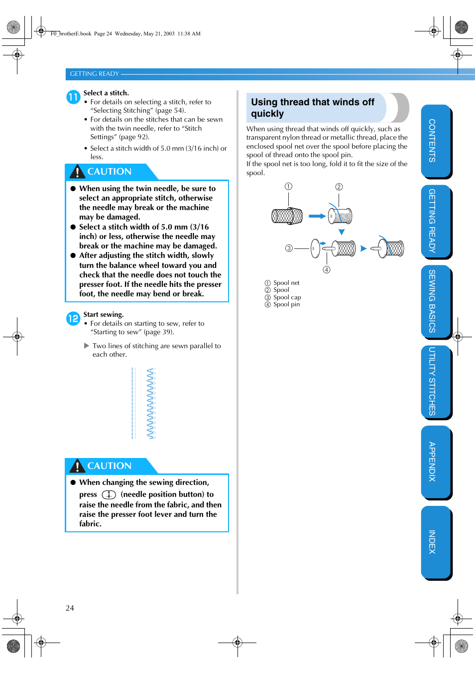 Using thread that winds off quickly, Caution | Brother NX-200 User Manual | Page 30 / 111