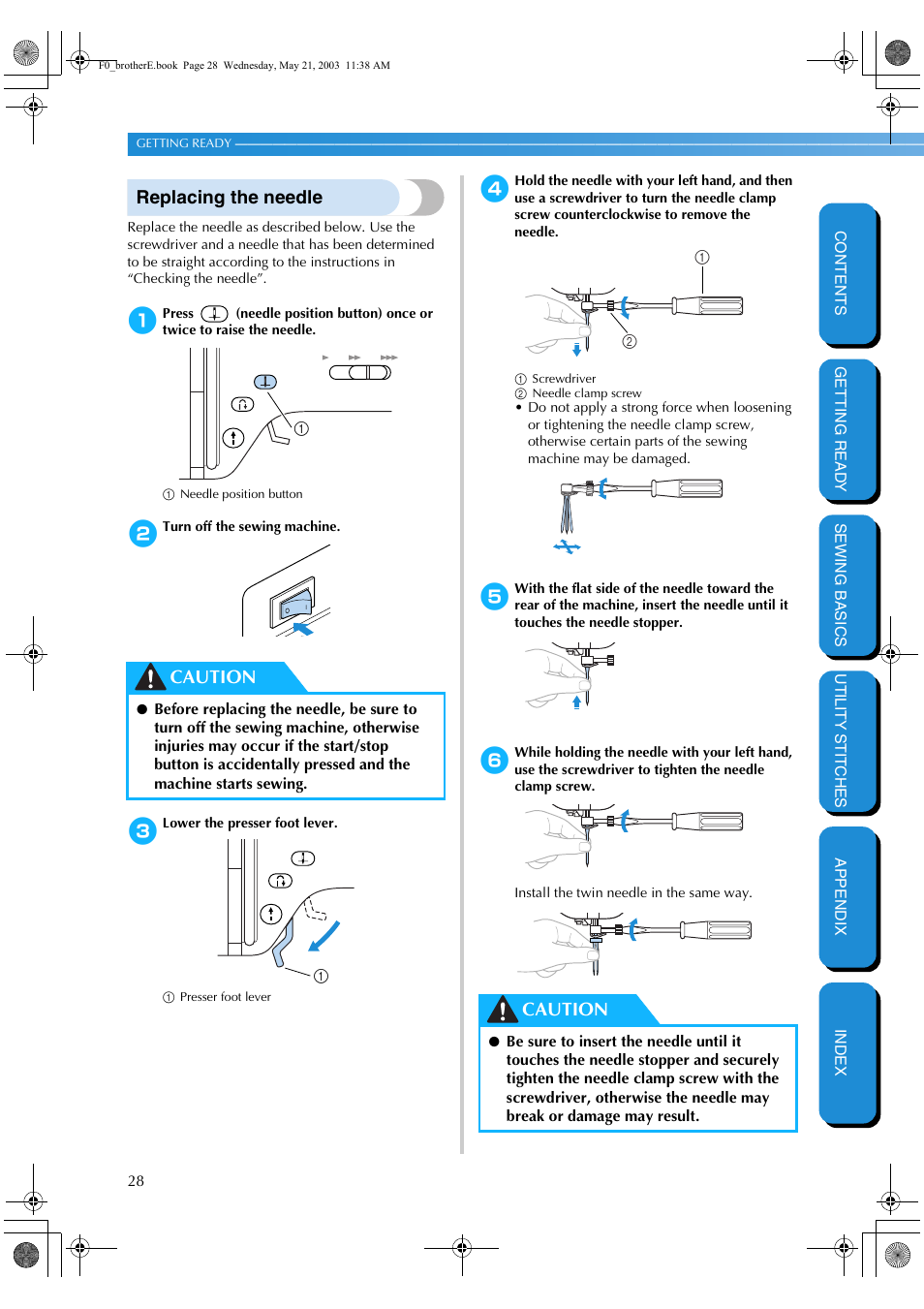 Replacing the needle, Caution | Brother NX-200 User Manual | Page 34 / 111