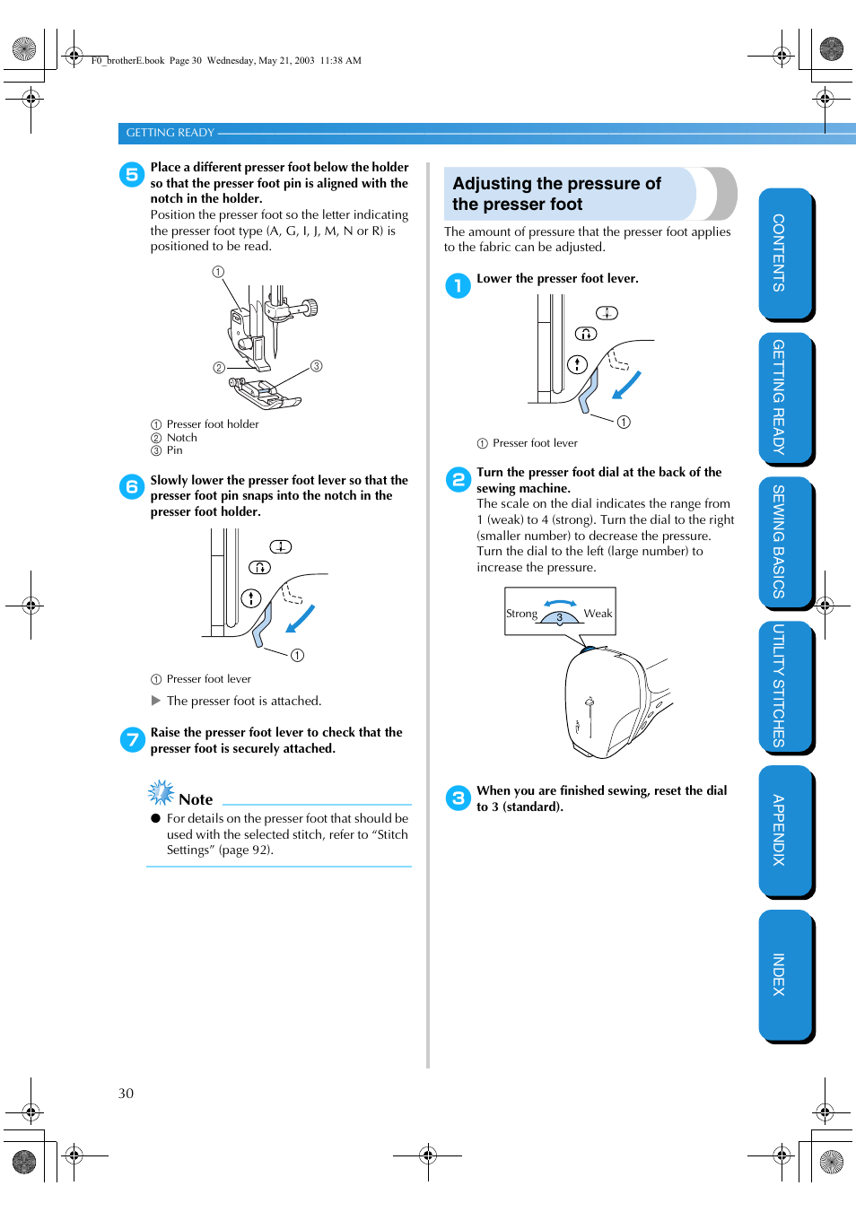 Adjusting the pressure of the presser foot | Brother NX-200 User Manual | Page 36 / 111