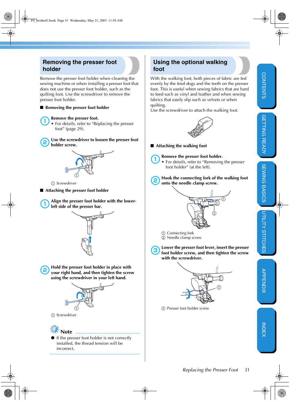 Removing the presser foot holder, Using the optional walking foot | Brother NX-200 User Manual | Page 37 / 111