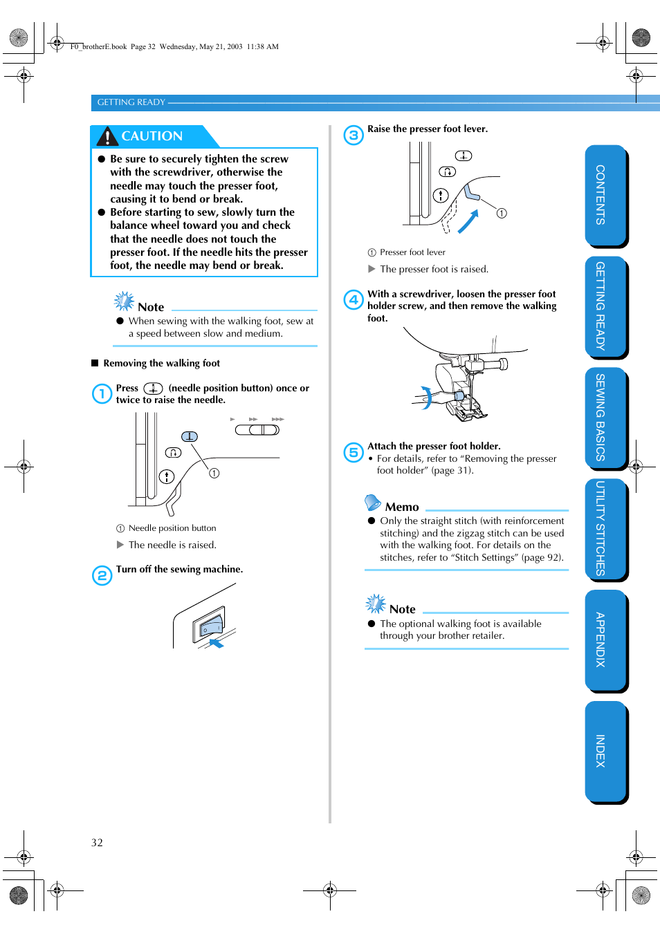 Caution | Brother NX-200 User Manual | Page 38 / 111