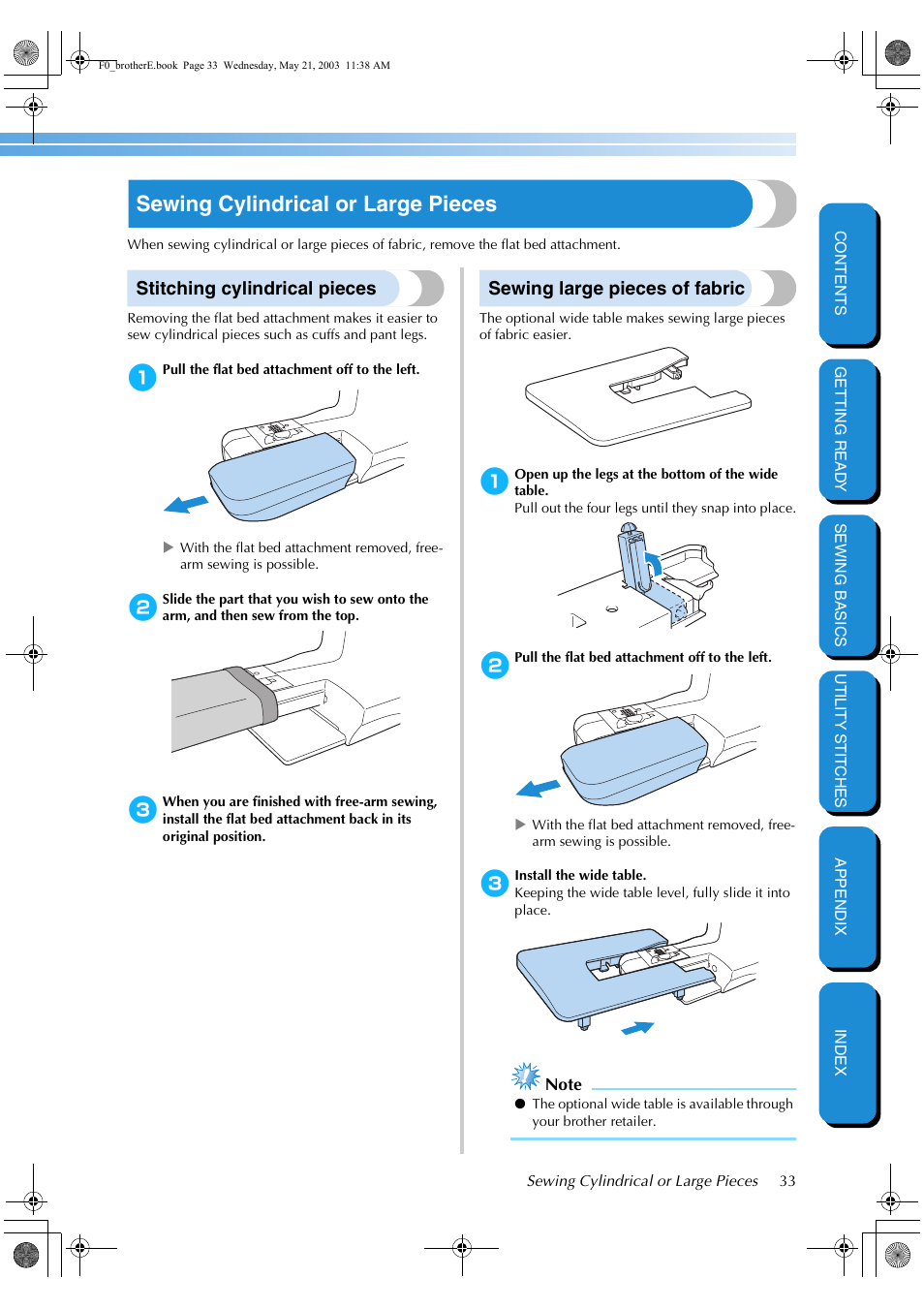 Sewing cylindrical or large pieces, Stitching cylindrical pieces, Sewing large pieces of fabric | Brother NX-200 User Manual | Page 39 / 111