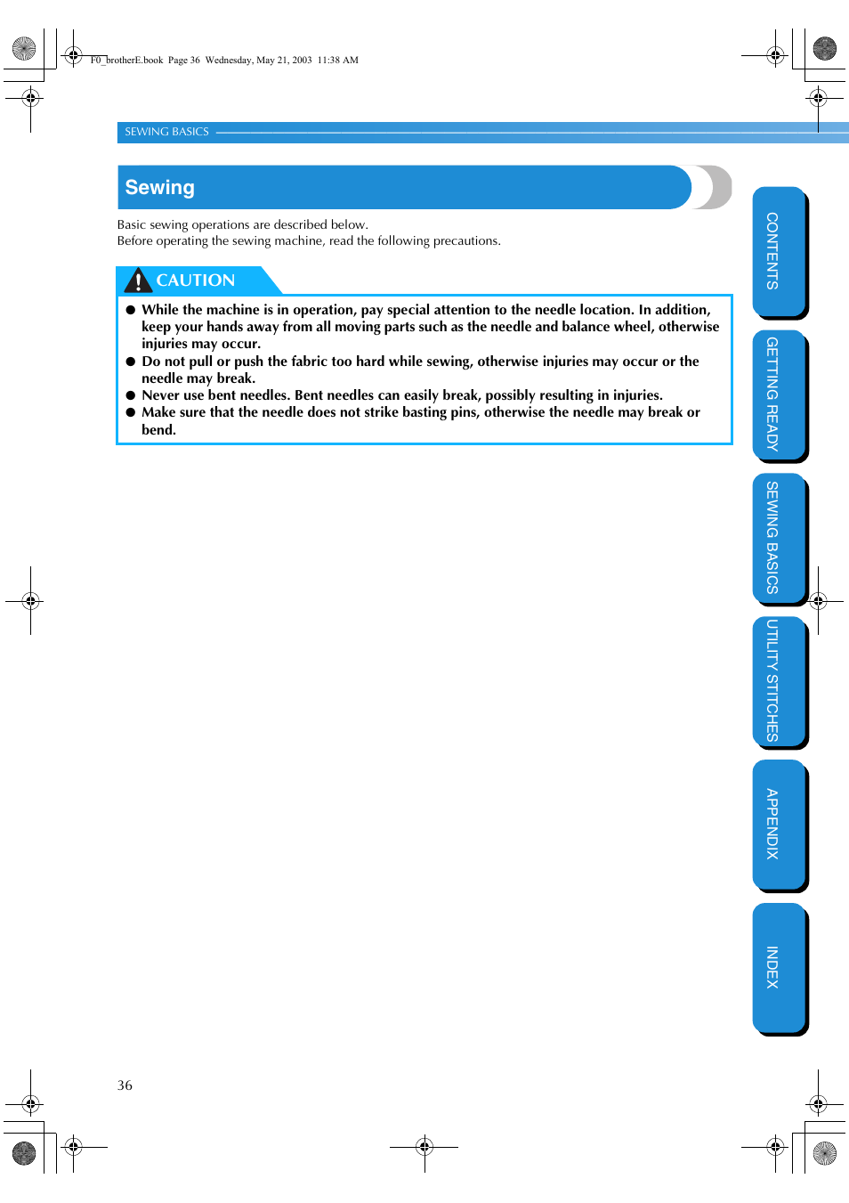 Sewing, Caution | Brother NX-200 User Manual | Page 42 / 111