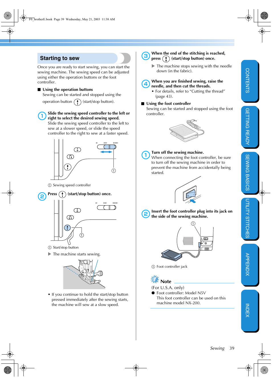 Starting to sew | Brother NX-200 User Manual | Page 45 / 111