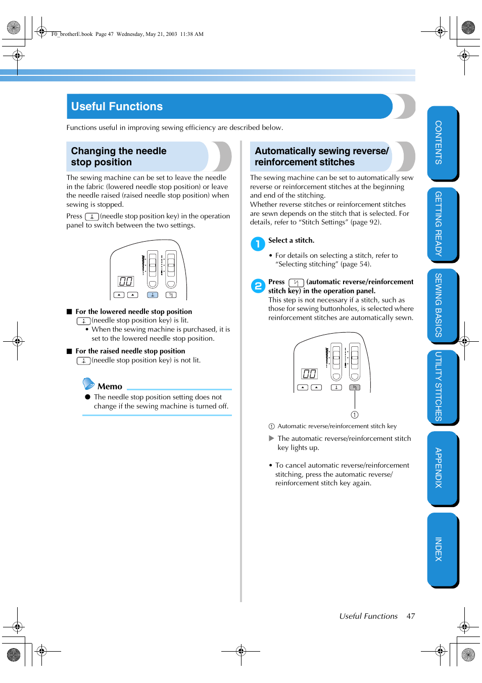 Useful functions, Changing the needle stop position | Brother NX-200 User Manual | Page 53 / 111