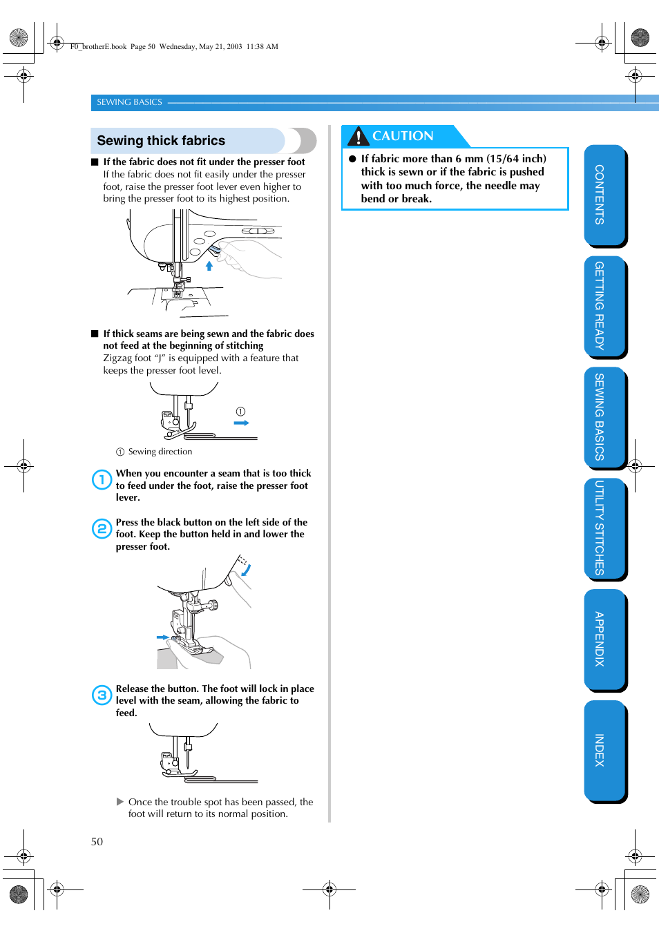 Sewing thick fabrics, Caution | Brother NX-200 User Manual | Page 56 / 111