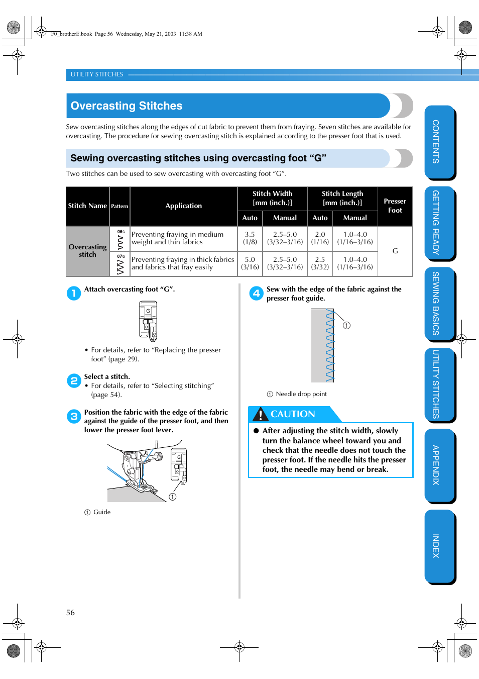 Overcasting stitches, Caution | Brother NX-200 User Manual | Page 62 / 111