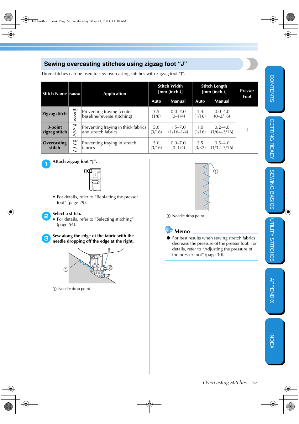 Sewing overcasting stitches using zigzag foot “j | Brother NX-200 User Manual | Page 63 / 111