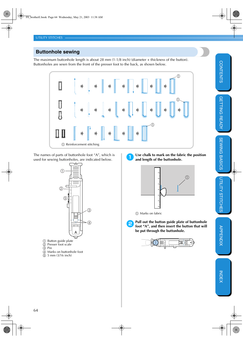 Buttonhole sewing | Brother NX-200 User Manual | Page 70 / 111