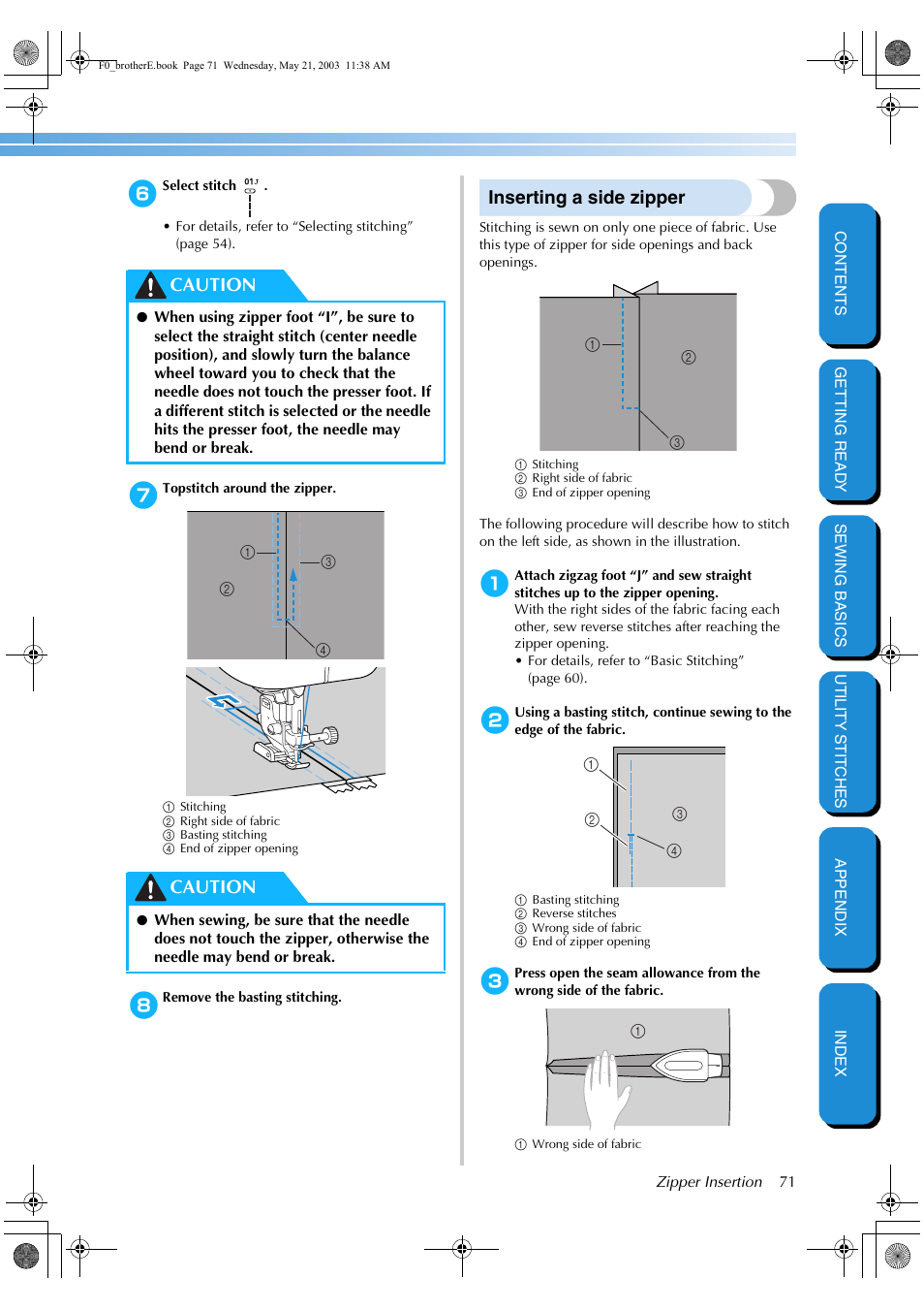 Inserting a side zipper, Caution | Brother NX-200 User Manual | Page 77 / 111