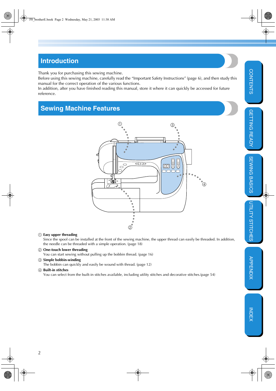 Introduction, Sewing machine features | Brother NX-200 User Manual | Page 8 / 111