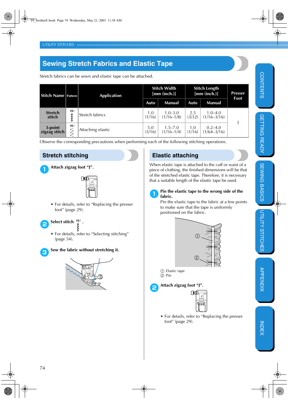 Sewing stretch fabrics and elastic tape, Stretch stitching, Elastic attaching | Stretch stitching elastic attaching | Brother NX-200 User Manual | Page 80 / 111