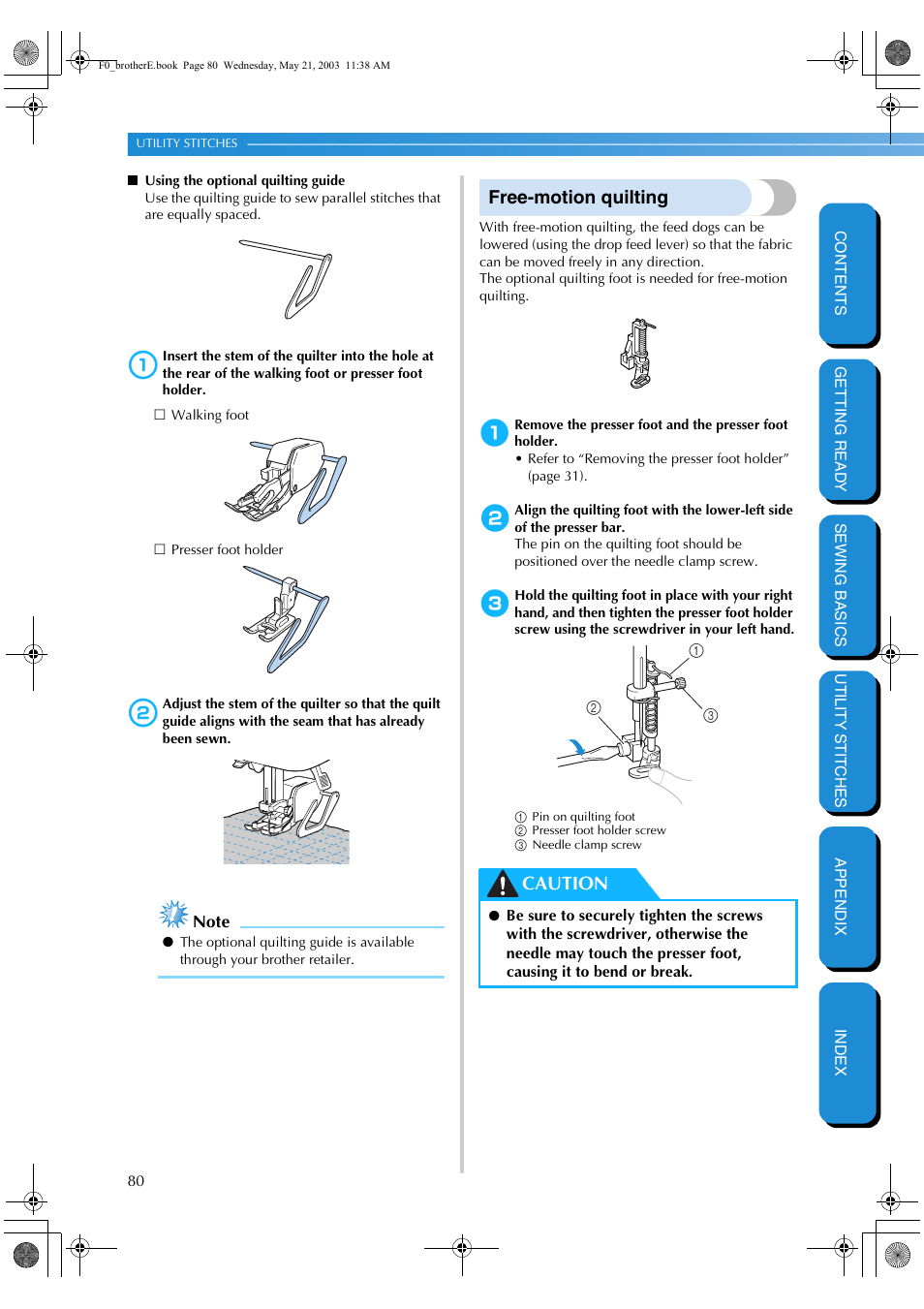 Free-motion quilting, Caution | Brother NX-200 User Manual | Page 86 / 111