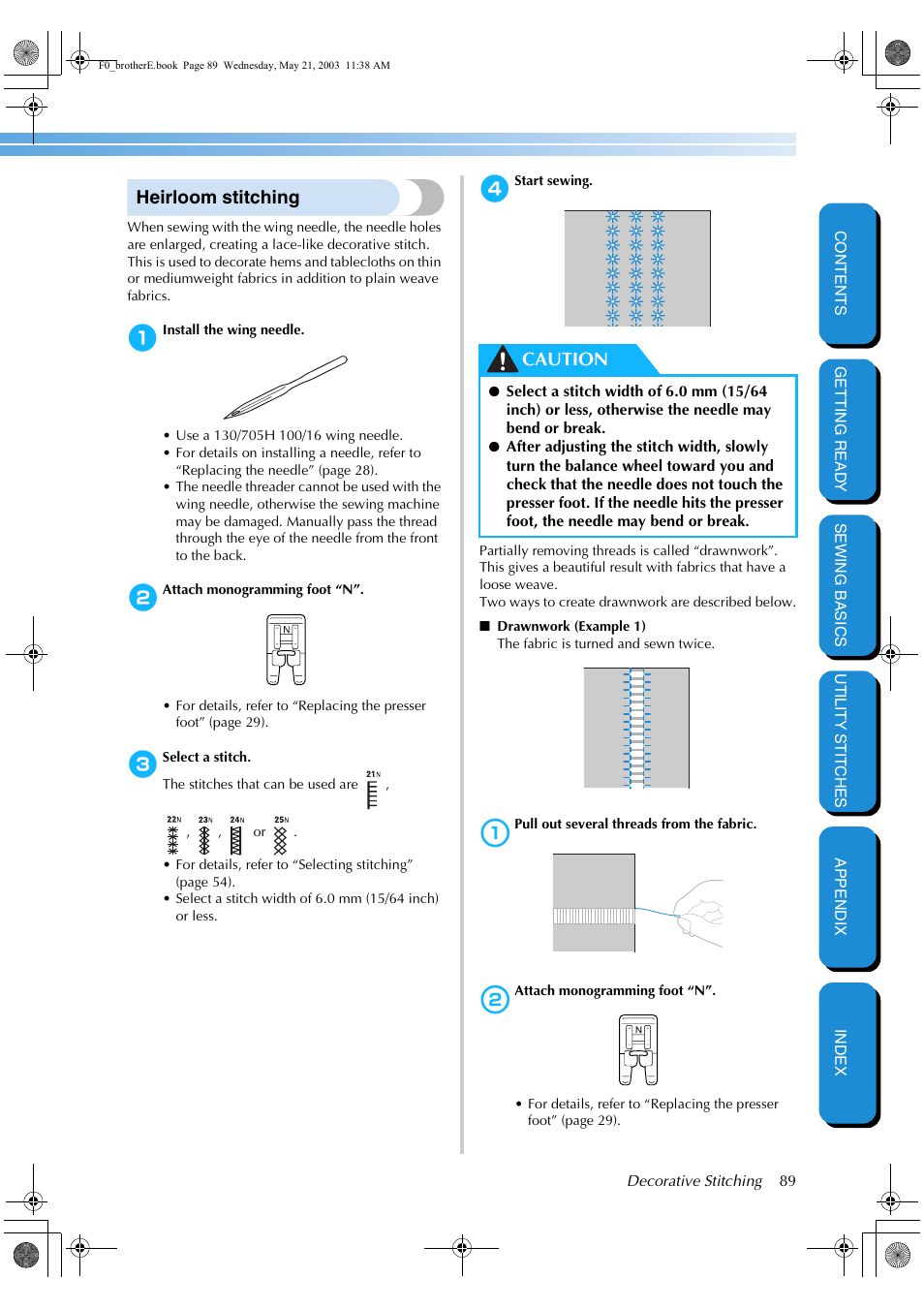 Heirloom stitching, Caution | Brother NX-200 User Manual | Page 95 / 111