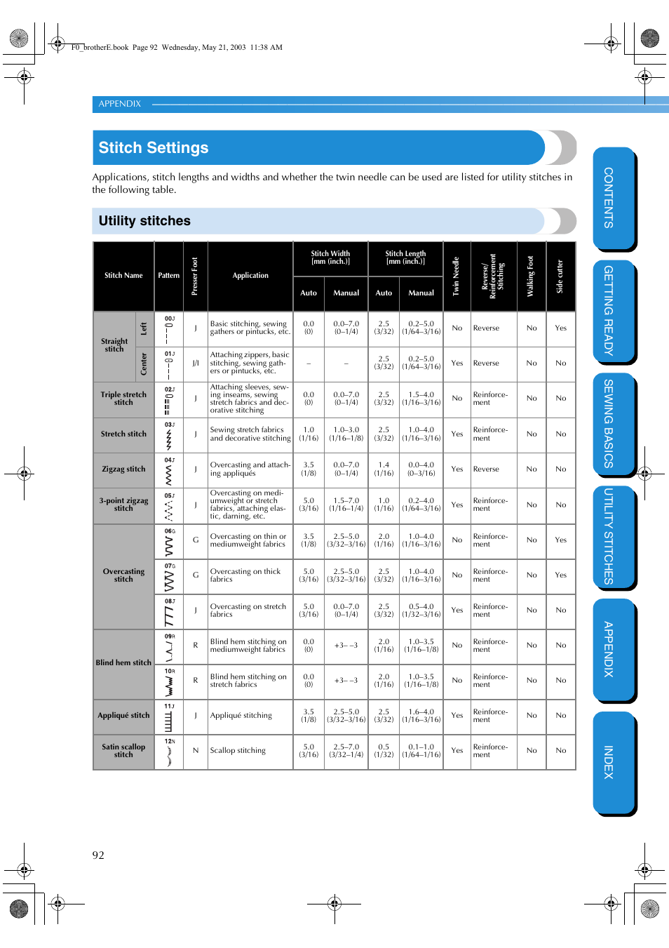 Stitch settings, Utility stitches | Brother NX-200 User Manual | Page 98 / 111