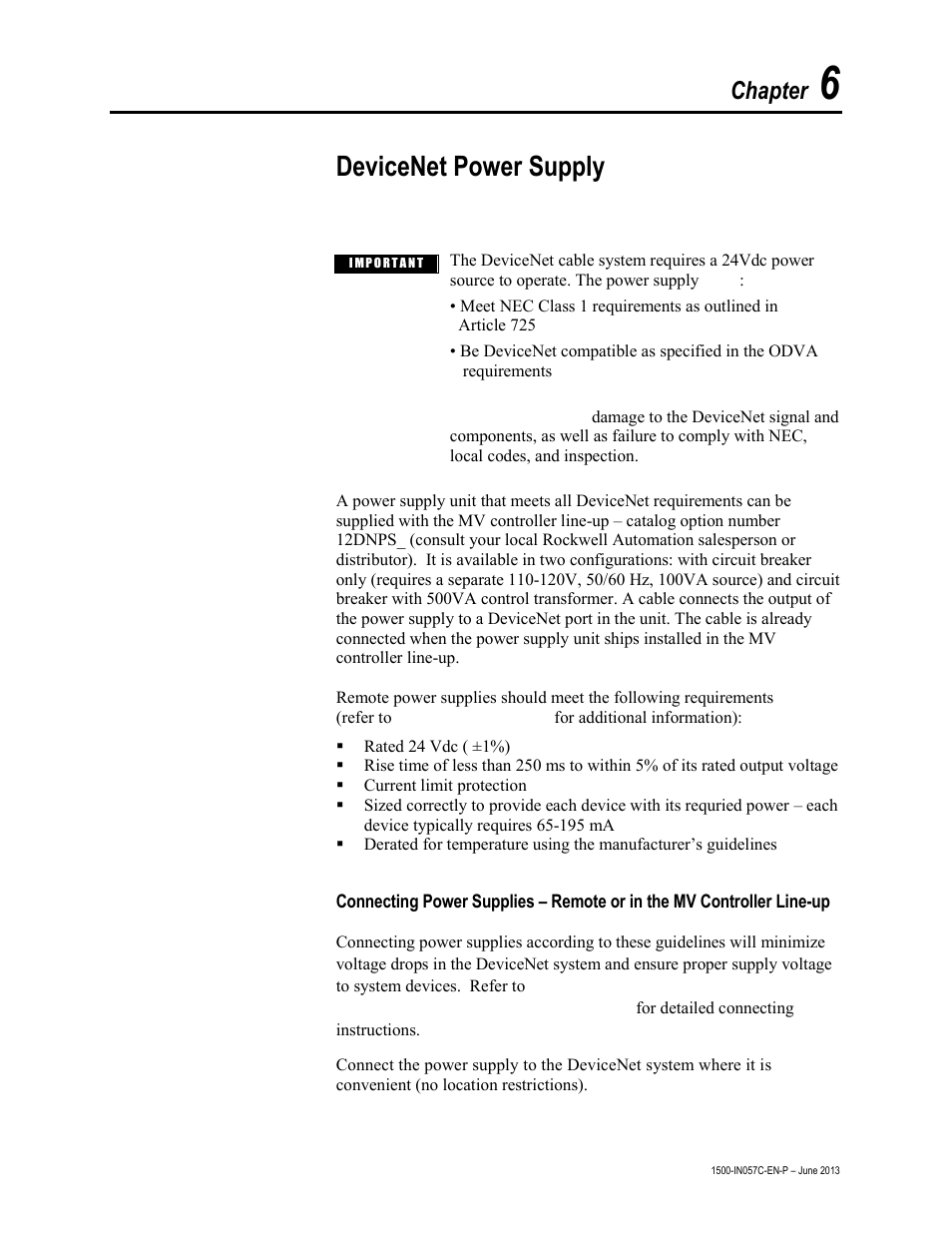 Devicenet power supply, Chapter | Rockwell Automation 1500 DeviceNet MV Controllers Installation Instructions User Manual | Page 21 / 36