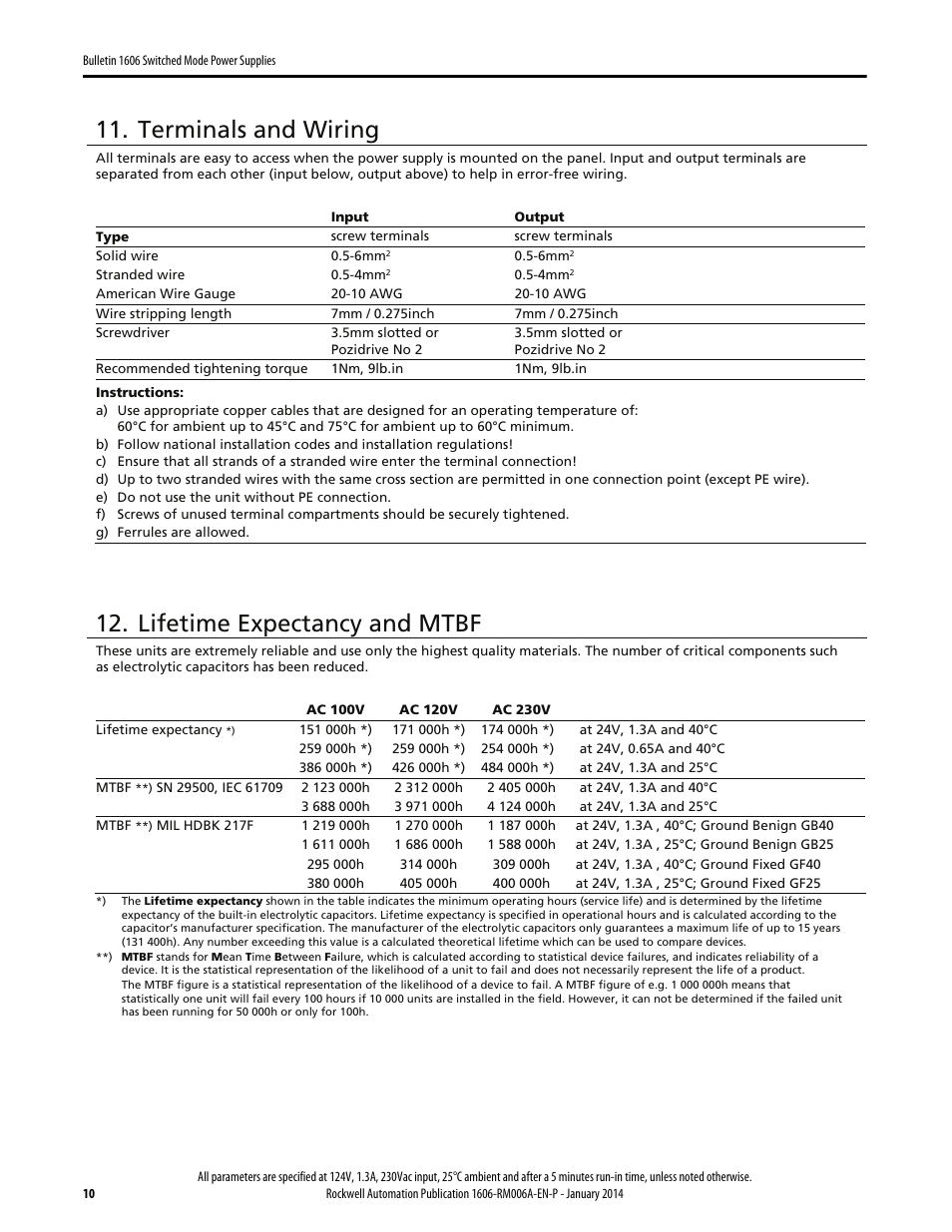 Terminals and wiring, Lifetime expectancy and mtbf | Rockwell Automation 1606-XLP30EQ Power Supply Reference Manual User Manual | Page 10 / 24