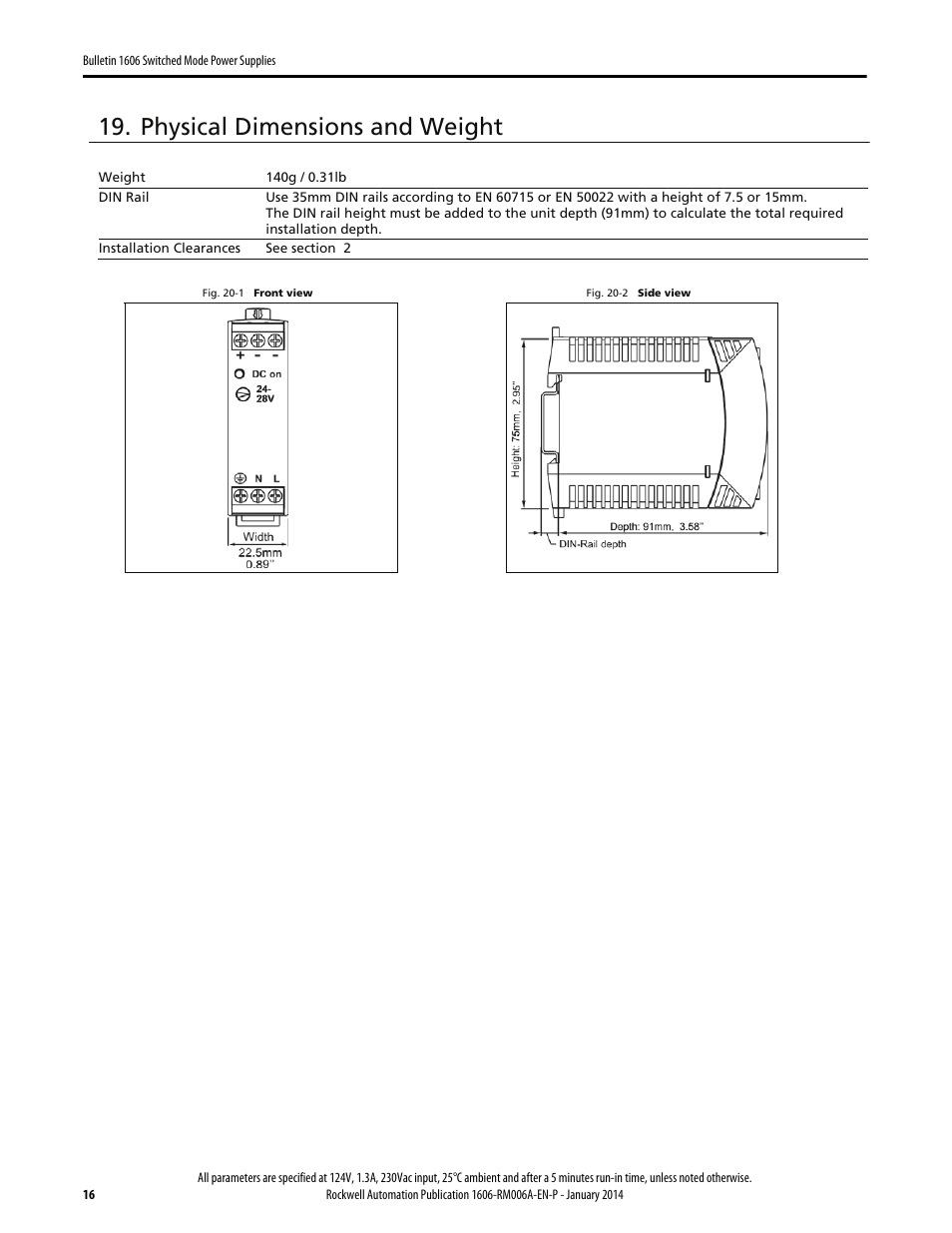 Physical dimensions and weight | Rockwell Automation 1606-XLP30EQ Power Supply Reference Manual User Manual | Page 16 / 24