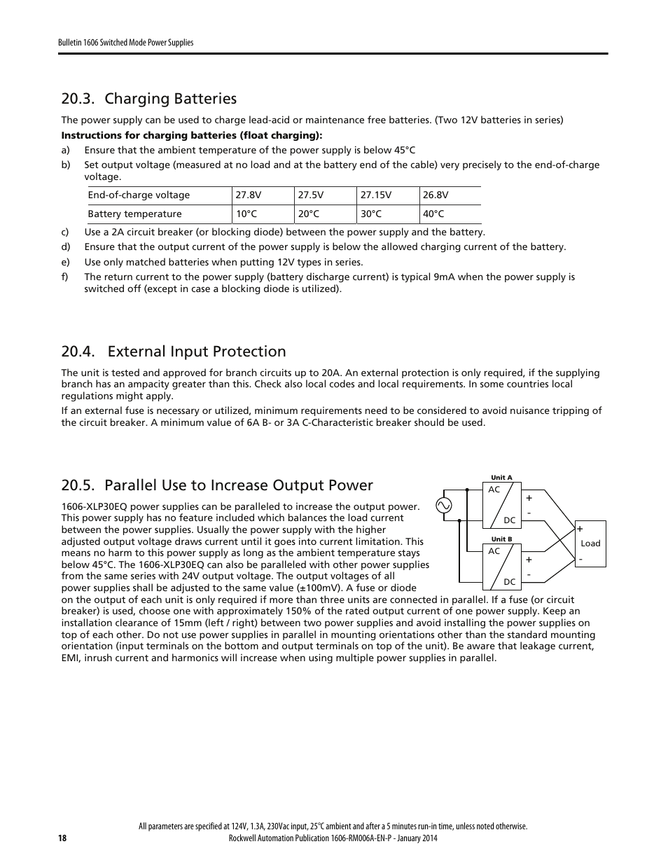 Charging batteries, Parallel use to increase output power, External input protection | Rockwell Automation 1606-XLP30EQ Power Supply Reference Manual User Manual | Page 18 / 24