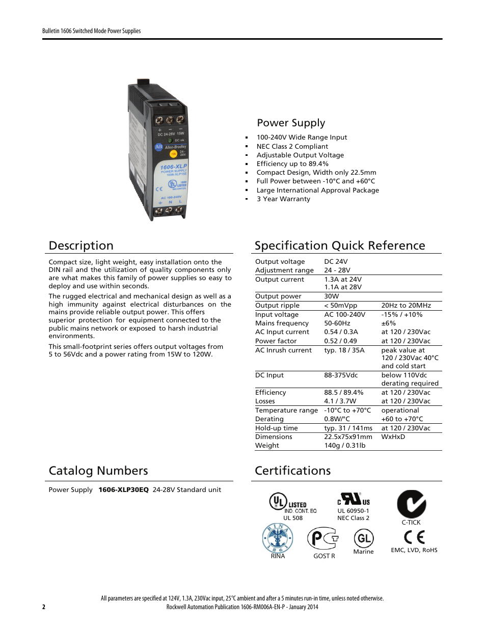 Description, Specification quick reference, Catalog numbers | Certifications, Power supply | Rockwell Automation 1606-XLP30EQ Power Supply Reference Manual User Manual | Page 2 / 24
