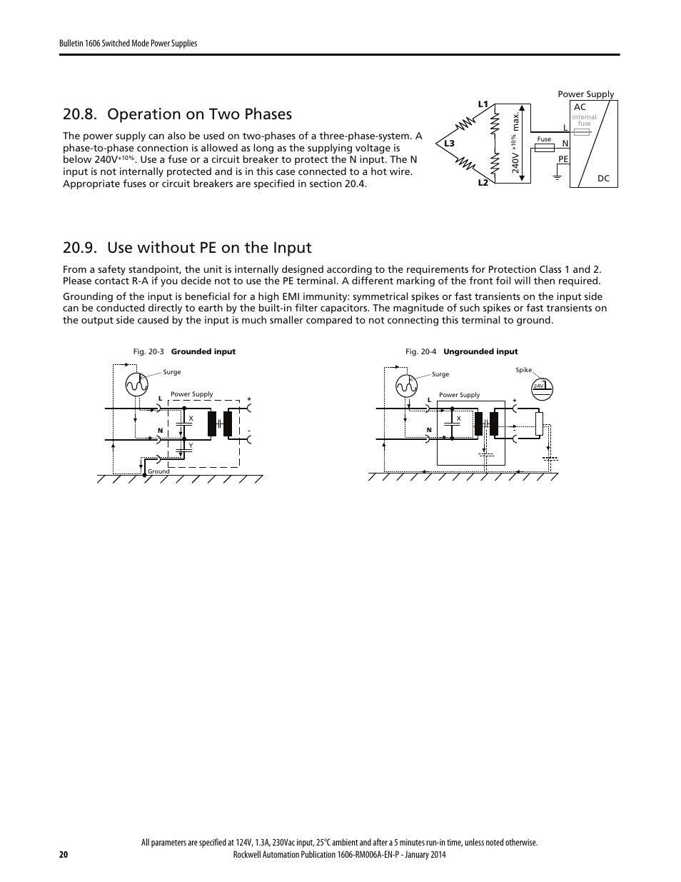 Operation on two phases, Use without pe on the input | Rockwell Automation 1606-XLP30EQ Power Supply Reference Manual User Manual | Page 20 / 24