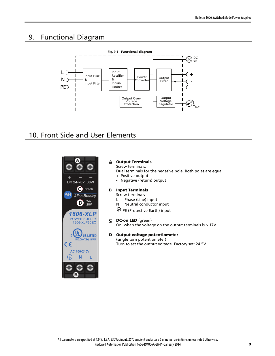 Front side and user elements, Functional diagram | Rockwell Automation 1606-XLP30EQ Power Supply Reference Manual User Manual | Page 9 / 24