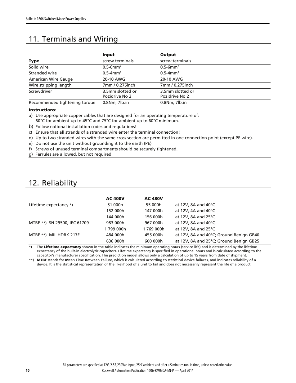 Terminals and wiring, Reliability | Rockwell Automation 1606-XLE96B-2 Power Supply Reference Manual User Manual | Page 10 / 22