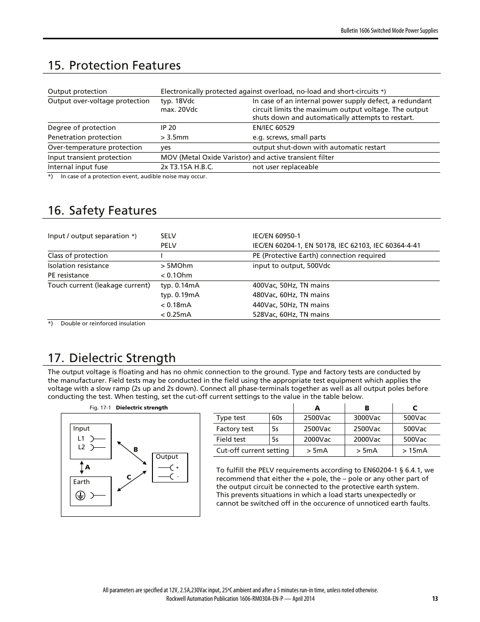 Protection features, Safety features, Dielectric strength | Rockwell Automation 1606-XLE96B-2 Power Supply Reference Manual User Manual | Page 13 / 22