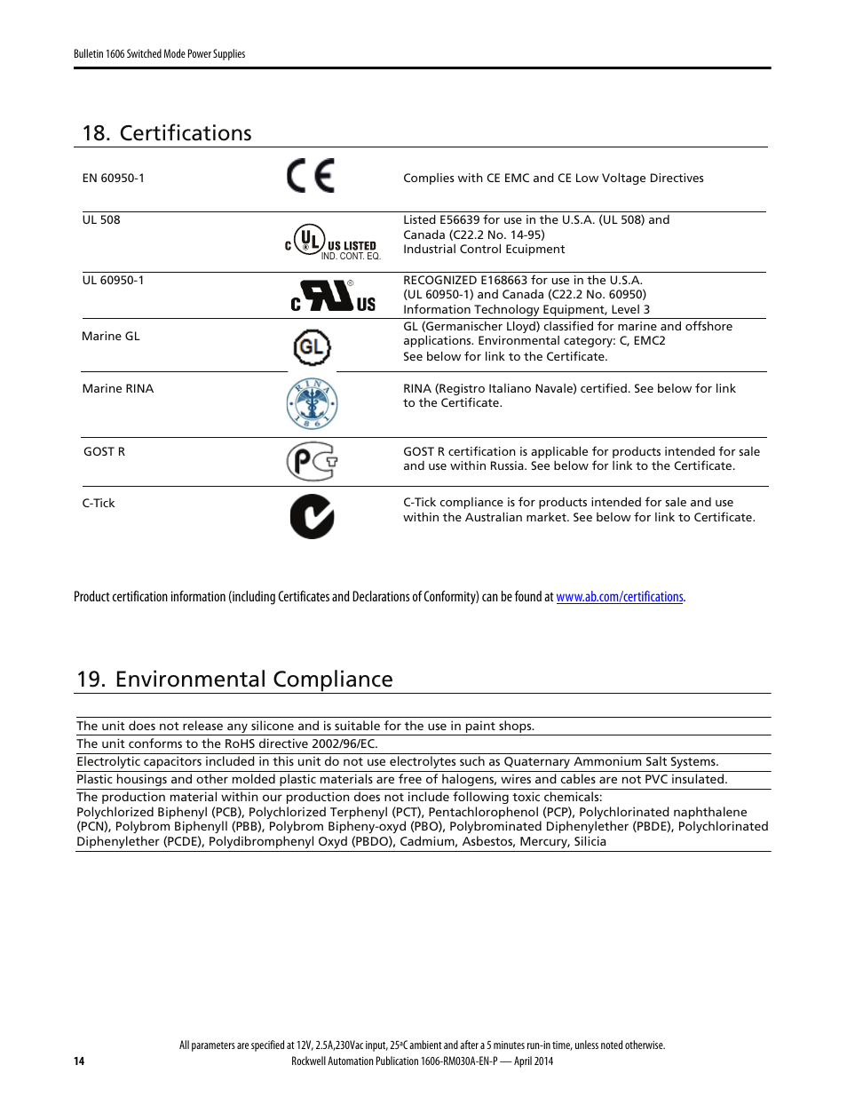 Certifications, Environmental compliance | Rockwell Automation 1606-XLE96B-2 Power Supply Reference Manual User Manual | Page 14 / 22