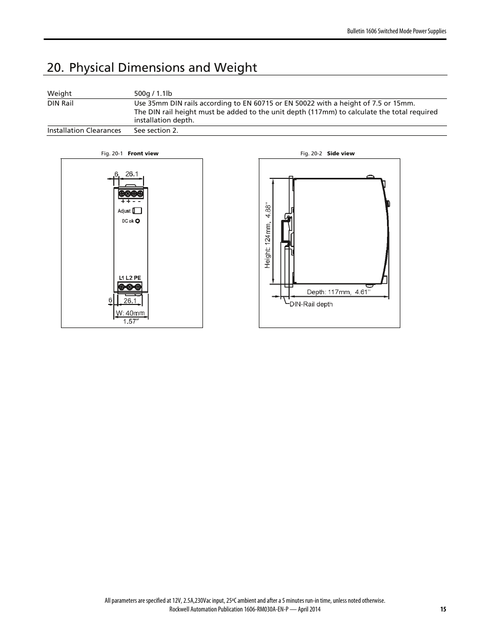 Physical dimensions and weight | Rockwell Automation 1606-XLE96B-2 Power Supply Reference Manual User Manual | Page 15 / 22