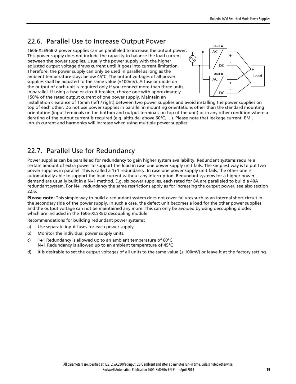 Parallel use to increase output power, Parallel use for redundancy | Rockwell Automation 1606-XLE96B-2 Power Supply Reference Manual User Manual | Page 19 / 22