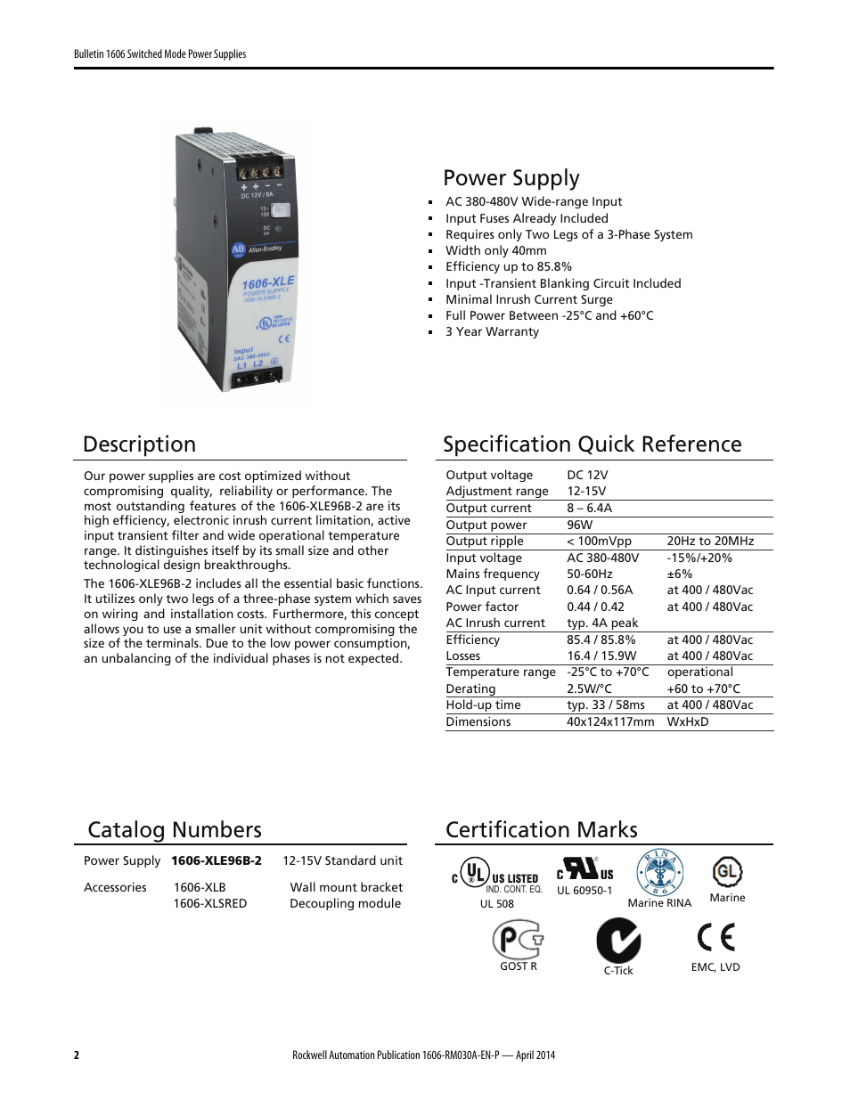 Power supply, Description, Specification quick reference | Catalog numbers, Certification marks | Rockwell Automation 1606-XLE96B-2 Power Supply Reference Manual User Manual | Page 2 / 22