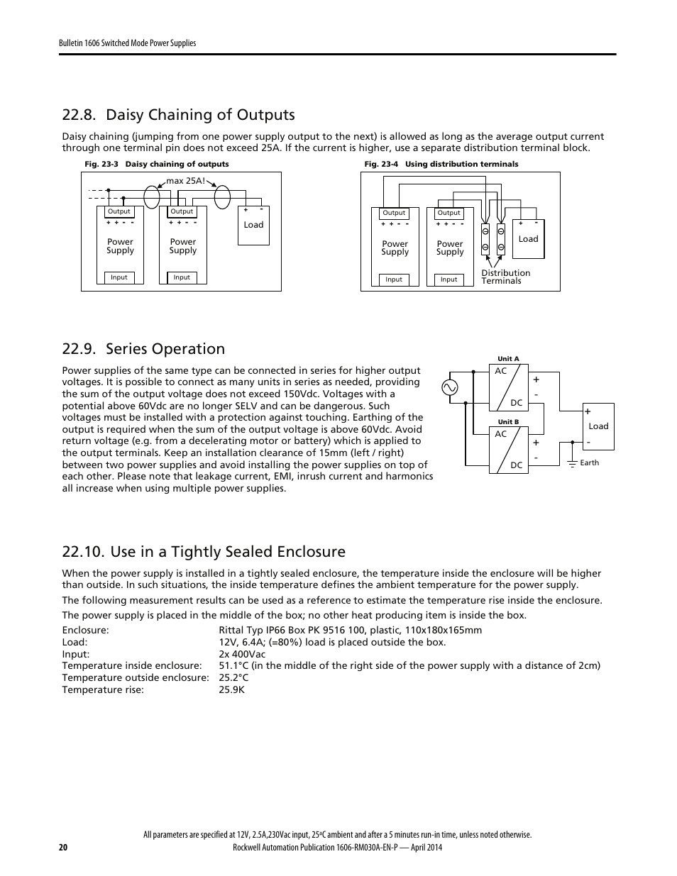 Daisy chaining of outputs, Series operation, Use in a tightly sealed enclosure | Rockwell Automation 1606-XLE96B-2 Power Supply Reference Manual User Manual | Page 20 / 22