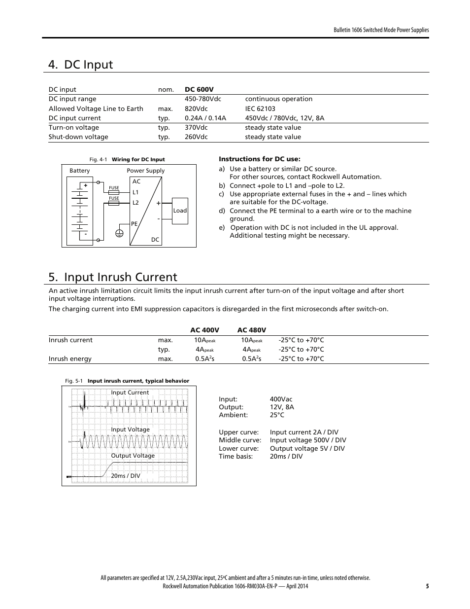 Dc input, Input inrush current | Rockwell Automation 1606-XLE96B-2 Power Supply Reference Manual User Manual | Page 5 / 22