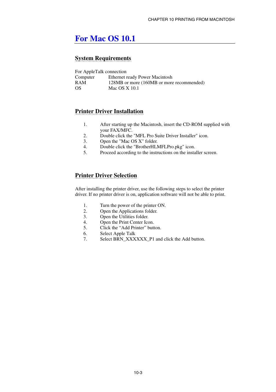 For mac os 10.1, System requirements, Printer driver installation | Printer driver selection | Brother NC8100H User Manual | Page 108 / 181