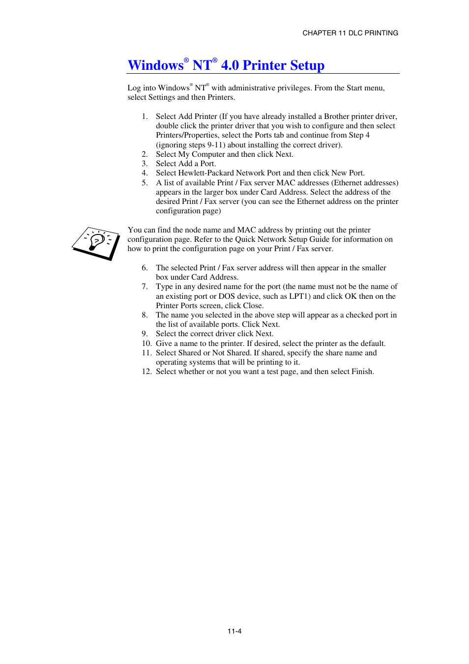 Windows ® nt ® 4.0 printer setup, Windows, 0 printer setup | Brother NC8100H User Manual | Page 113 / 181