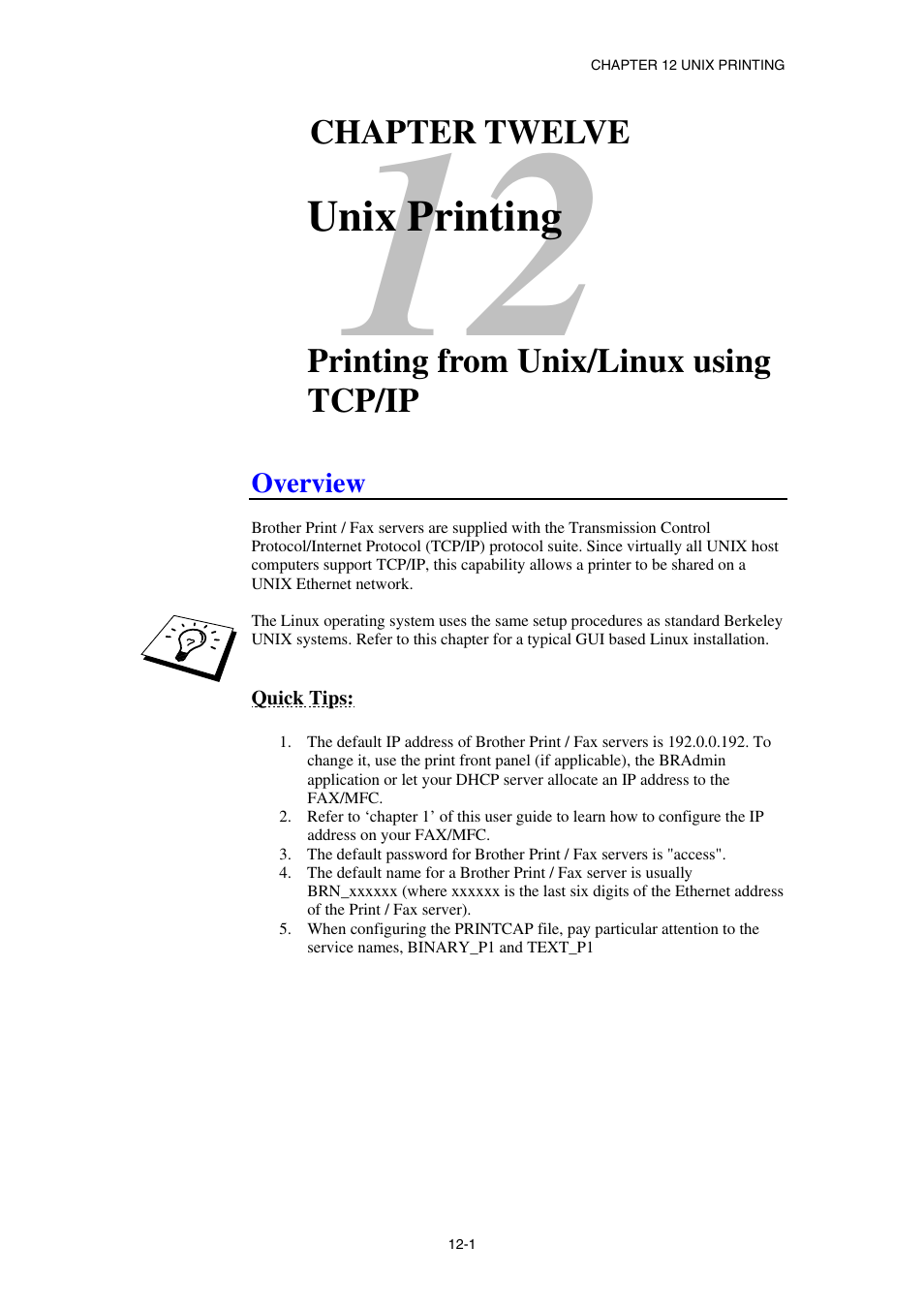 Overview, Quick tips, Unix printing | Brother NC8100H User Manual | Page 115 / 181