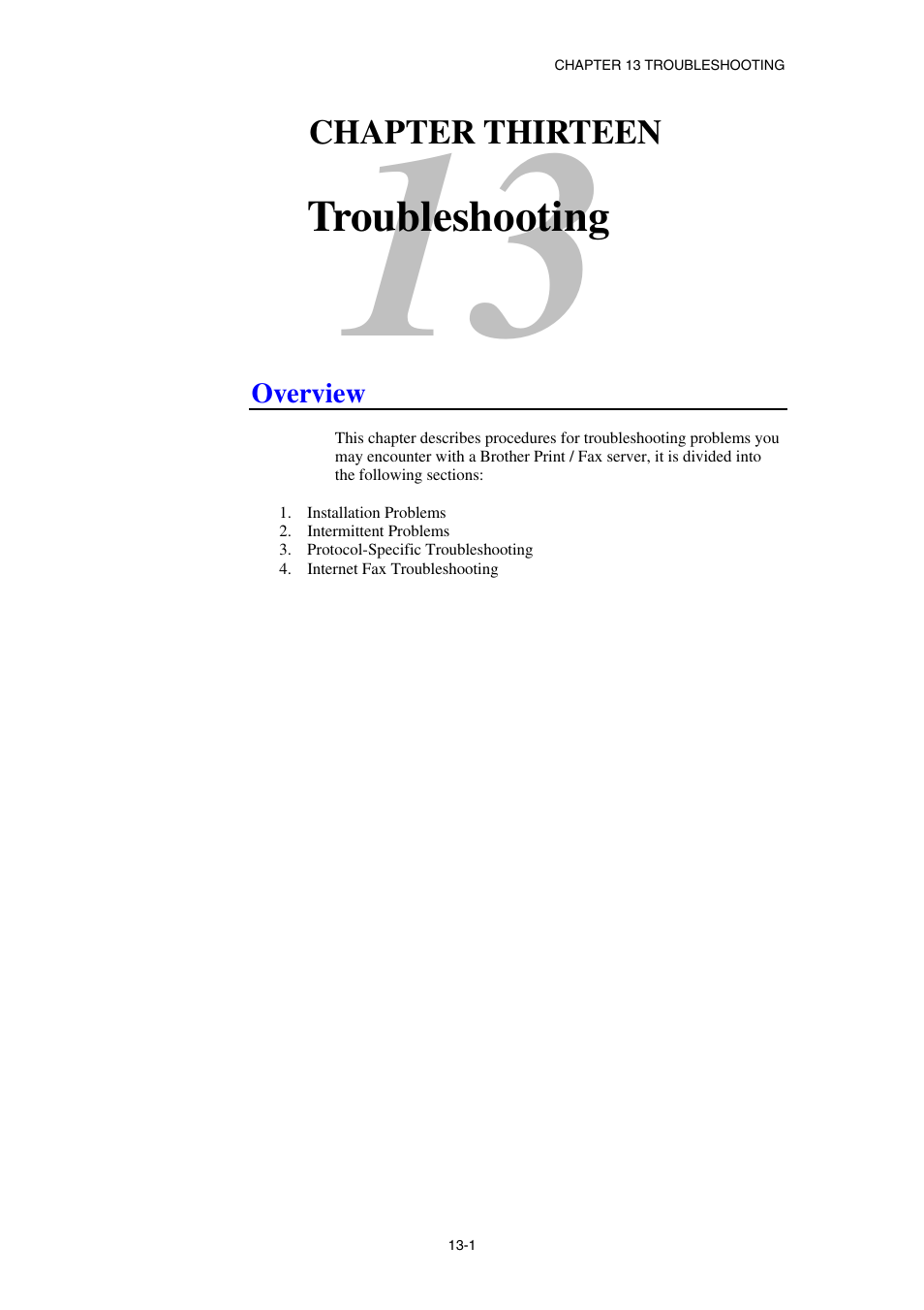 Chapter thirteen troubleshooting, Overview, Troubleshooting | Brother NC8100H User Manual | Page 127 / 181