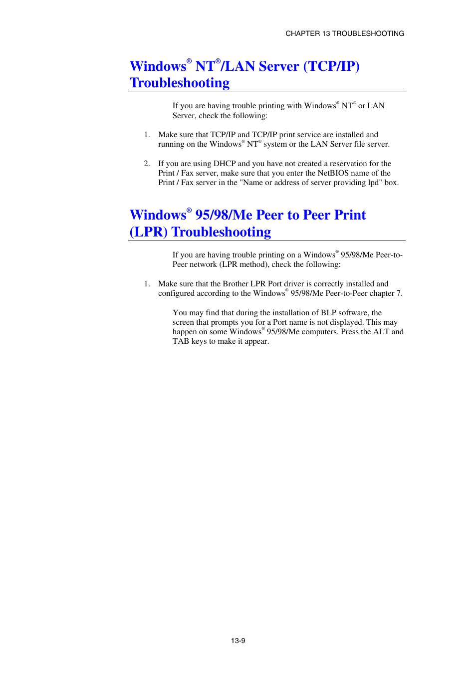 Windows, Lan server (tcp/ip) troubleshooting, 95/98/me peer to peer print (lpr) troubleshooting | Brother NC8100H User Manual | Page 135 / 181