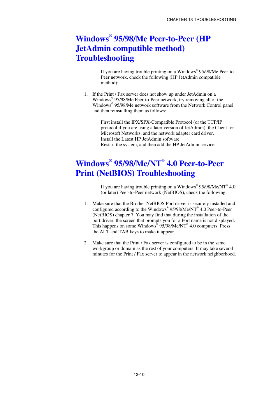 Windows, 95/98/me/nt, 0 peer-to-peer print (netbios) troubleshooting | Brother NC8100H User Manual | Page 136 / 181