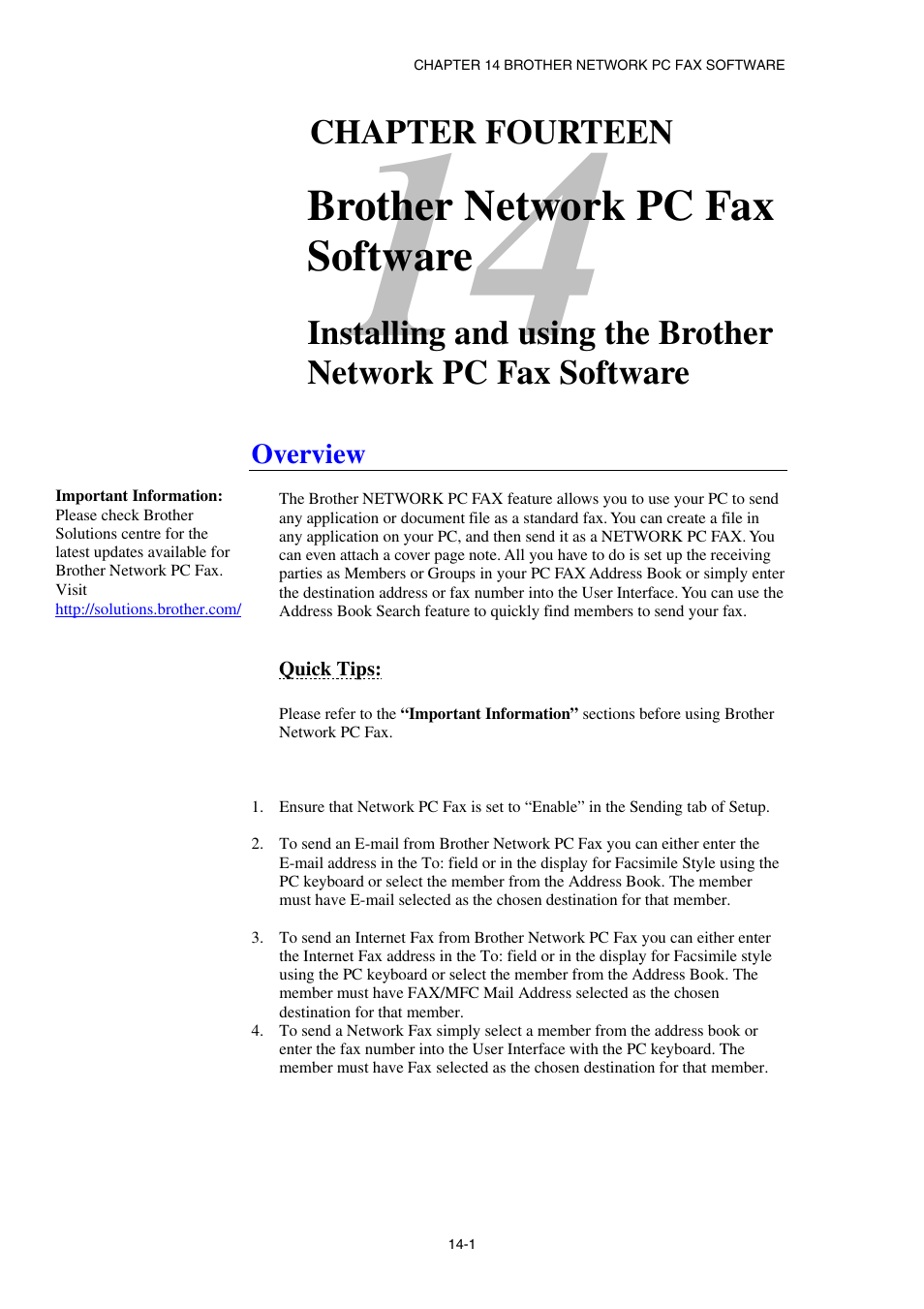 Overview, Quick tips, Brother network pc fax software | Chapter fourteen | Brother NC8100H User Manual | Page 143 / 181