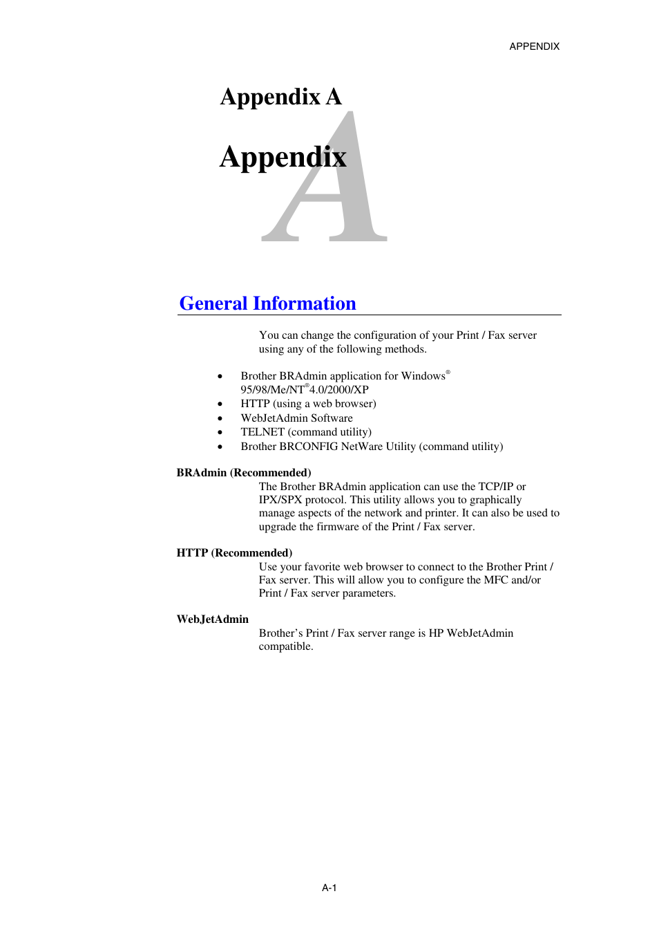 Appendix a appendix, General information, Appendix | Appendix a | Brother NC8100H User Manual | Page 170 / 181