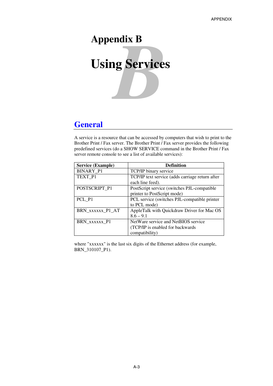 Appendix b using, General, Appendix b using services | Using services, Appendix b | Brother NC8100H User Manual | Page 172 / 181