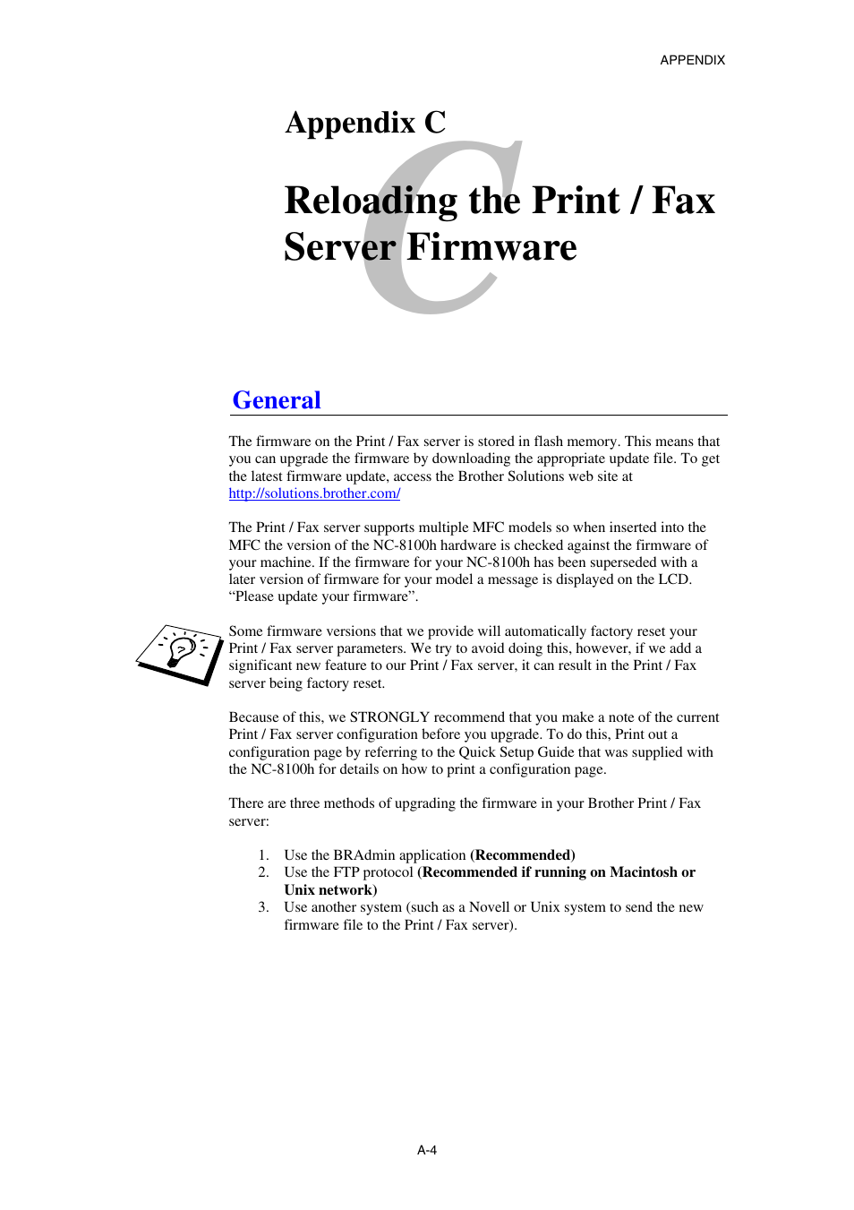 General, Reloading the print / fax server firmware | Brother NC8100H User Manual | Page 173 / 181