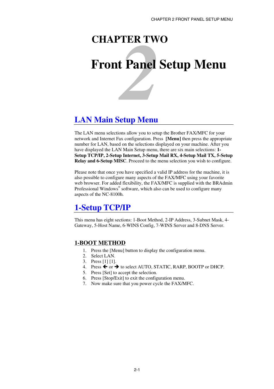 Chapter two front panel setup menu, Lan main setup menu, Setup tcp/ip | Boot method, Front panel setup menu | Brother NC8100H User Manual | Page 24 / 181