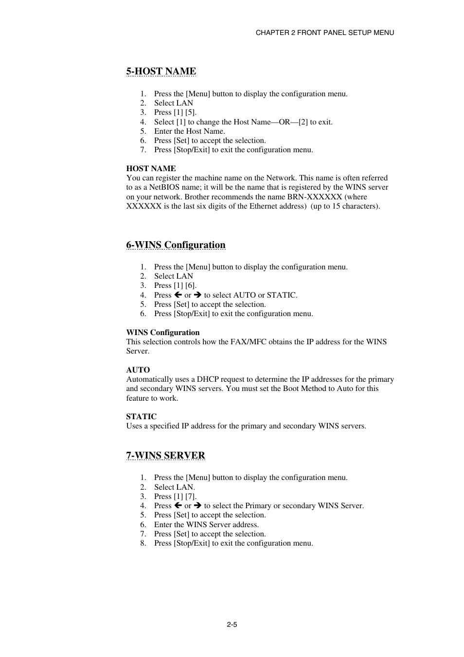 Host name, Wins configuration, Wins server | Brother NC8100H User Manual | Page 28 / 181