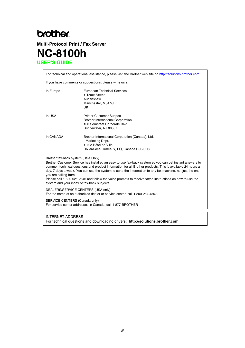 Nc-8100h, User’s guide, Multi-protocol print / fax server | Brother NC8100H User Manual | Page 3 / 181